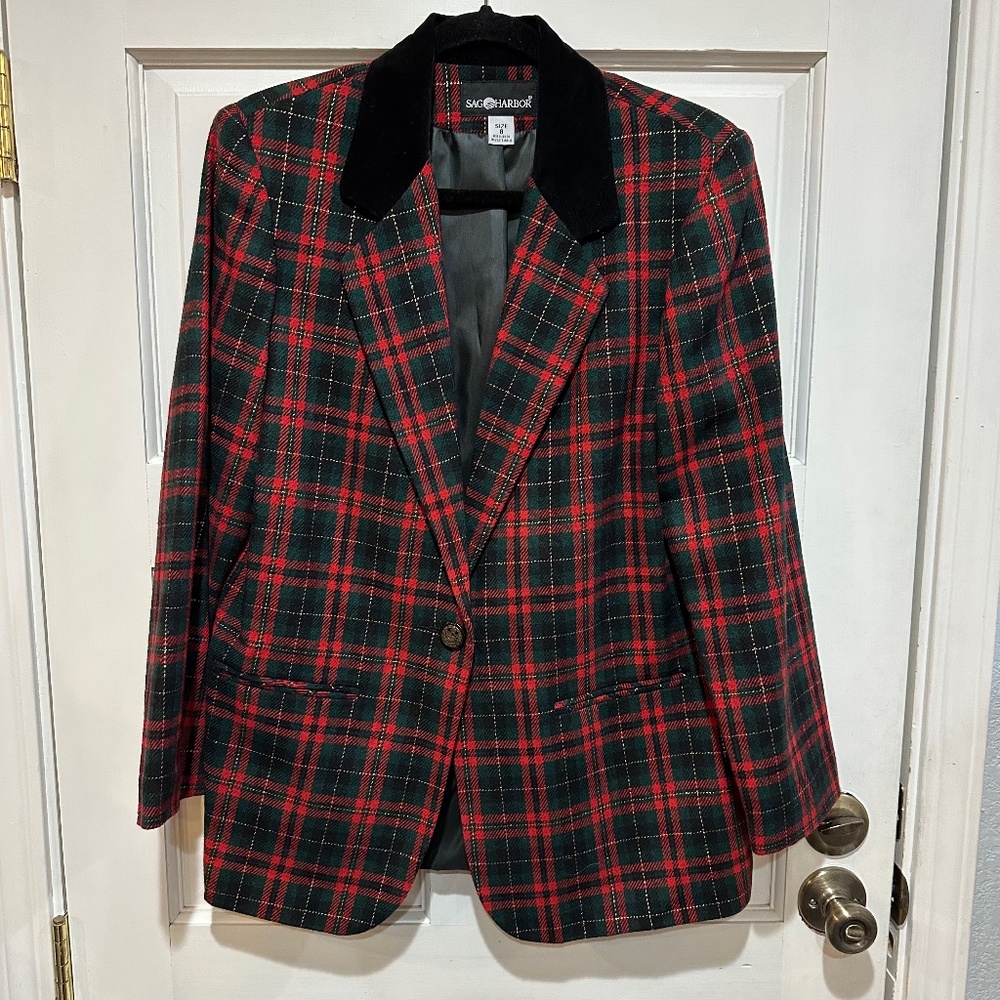 Vtg Sag Harbor Tartan Red Plaid Blazer 8 Velvet Collar Wool Blend Jacket Gold